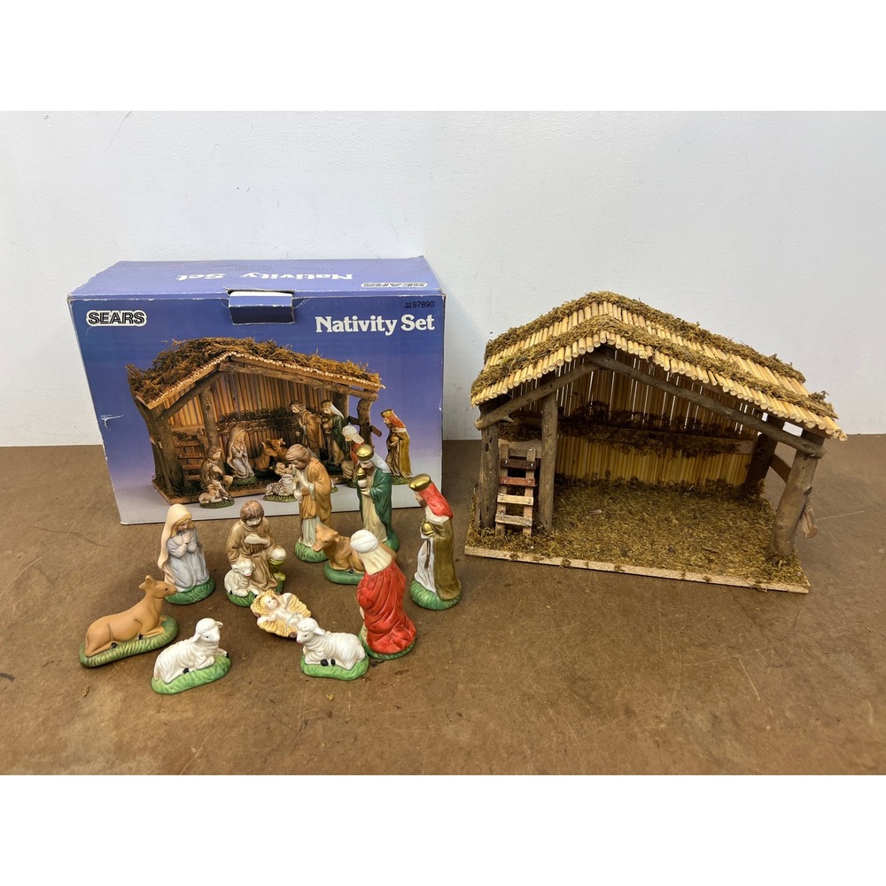 Vintage Sears Nativity Set w Wood Stable 11 Figures Ceramic Jesus + Original Box